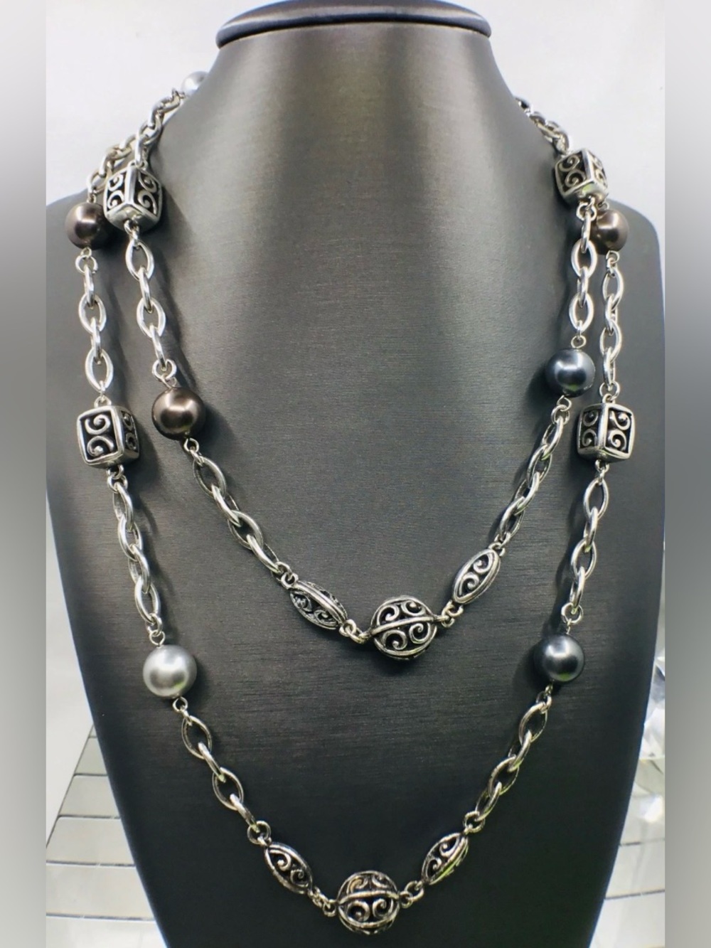 Brighton Ball Cube Pearl Gray Brown Silver Long Silver Necklace/ belt retired